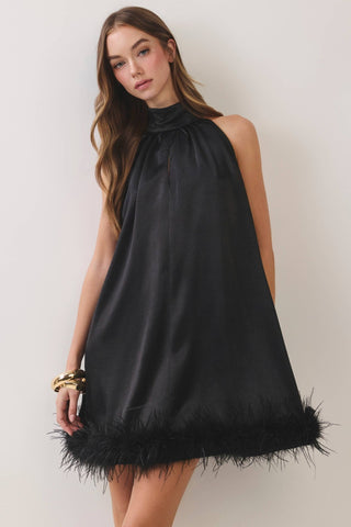 Black Feather Trim Halter Mini Dress - The Edit LLC