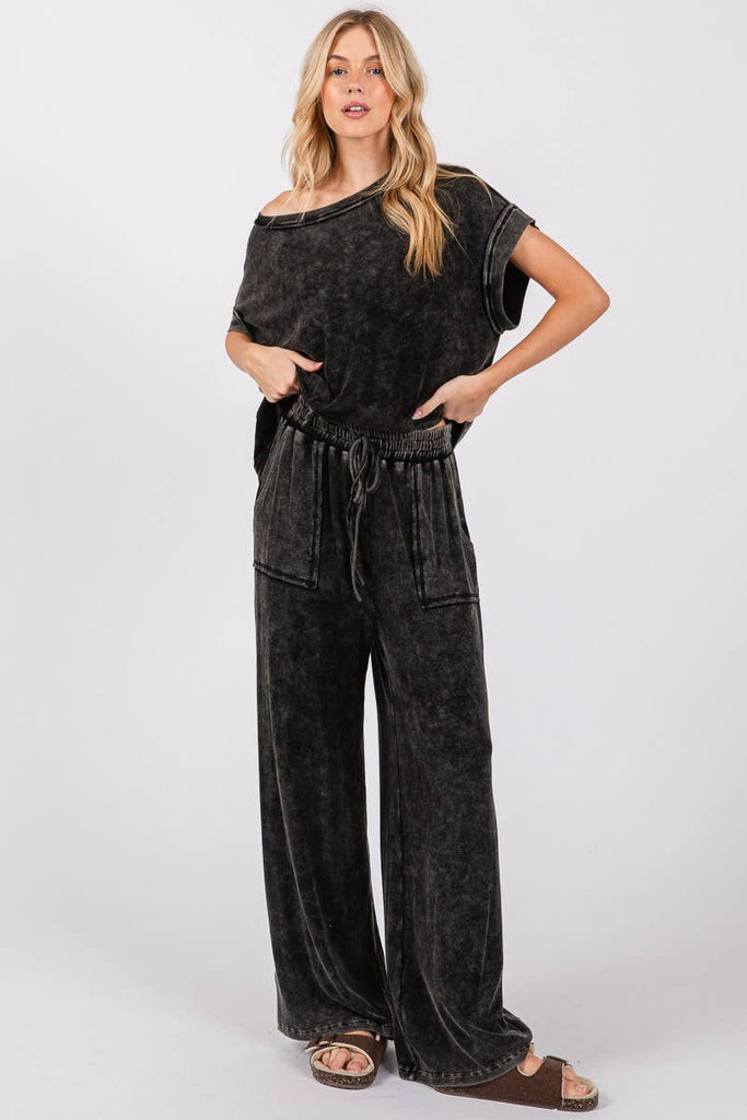 Black MINERAL WASHED TOP AND PANTS RIB SETS - The Edit LLC