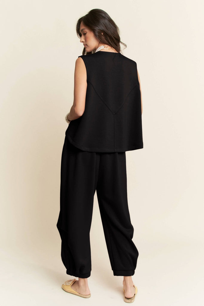 Black SOLID CREW NECK CINCH TIE TOP WAISTBAND PANTS SET - The Edit LLC