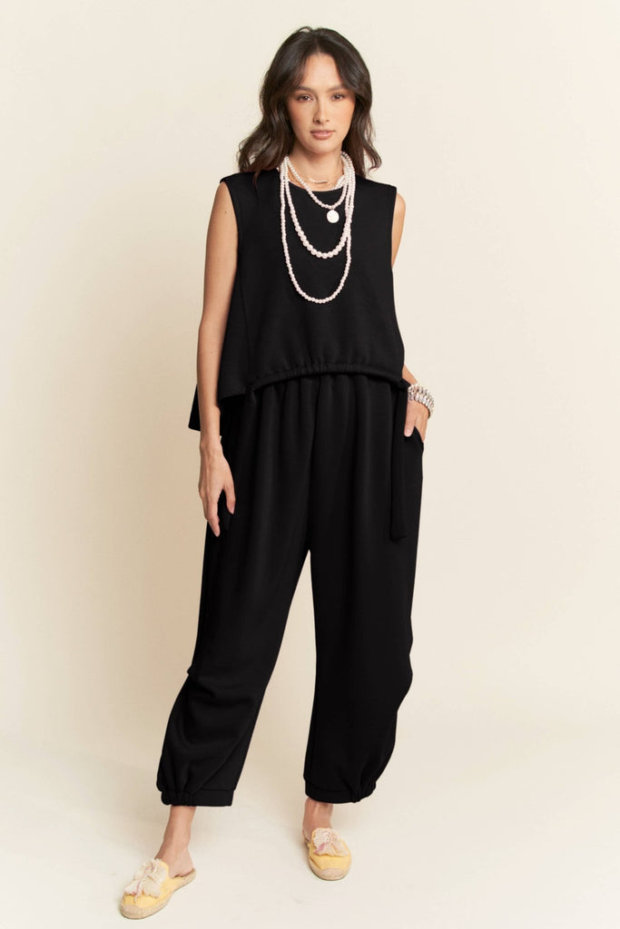 Black SOLID CREW NECK CINCH TIE TOP WAISTBAND PANTS SET - The Edit LLC