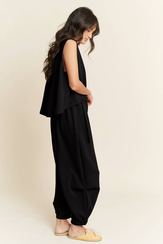 Black SOLID CREW NECK CINCH TIE TOP WAISTBAND PANTS SET - The Edit LLC