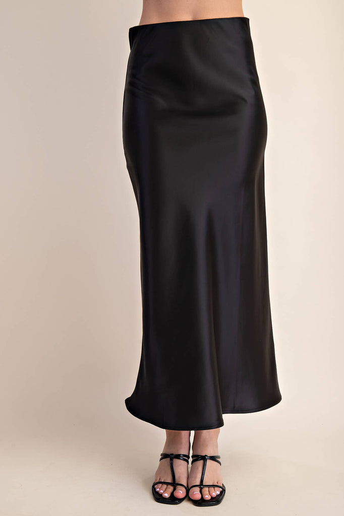 Black Waist Elastic Band Midi Satin Skirt - The Edit LLC