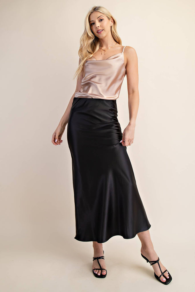 Black Waist Elastic Band Midi Satin Skirt - The Edit LLC