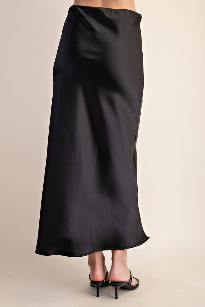 Black Waist Elastic Band Midi Satin Skirt - The Edit LLC