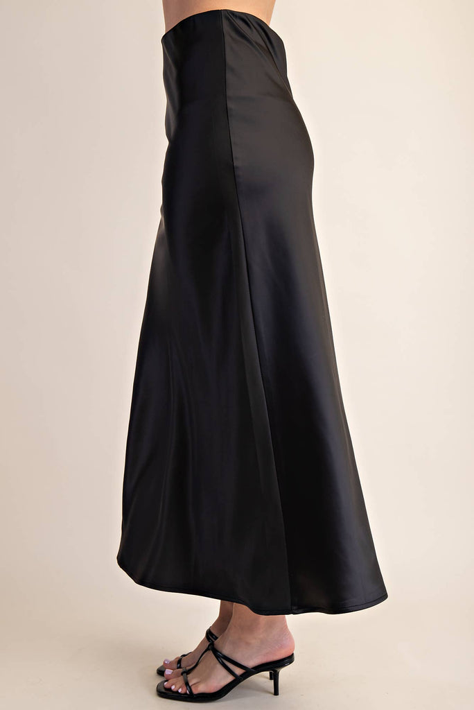 Black Waist Elastic Band Midi Satin Skirt - The Edit LLC
