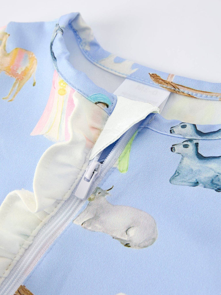 Blue Christmas Nativity Pattern Baby Girls Romper with Ruffles - The Edit LLC