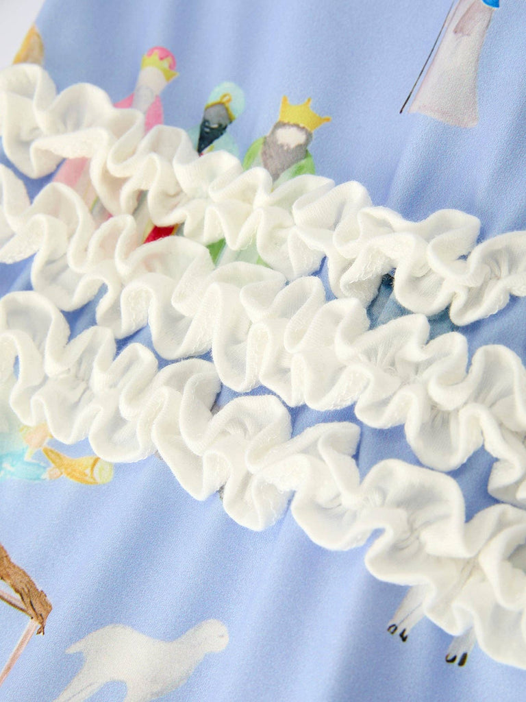 Blue Christmas Nativity Pattern Baby Girls Romper with Ruffles - The Edit LLC