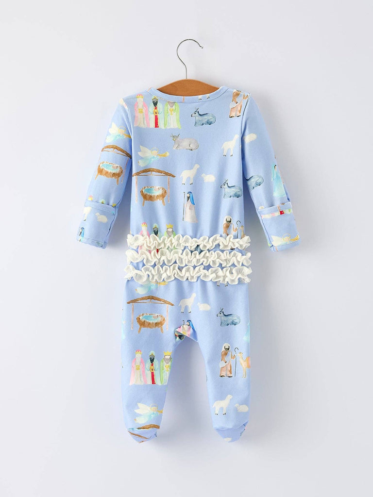 Blue Christmas Nativity Pattern Baby Girls Romper with Ruffles - The Edit LLC