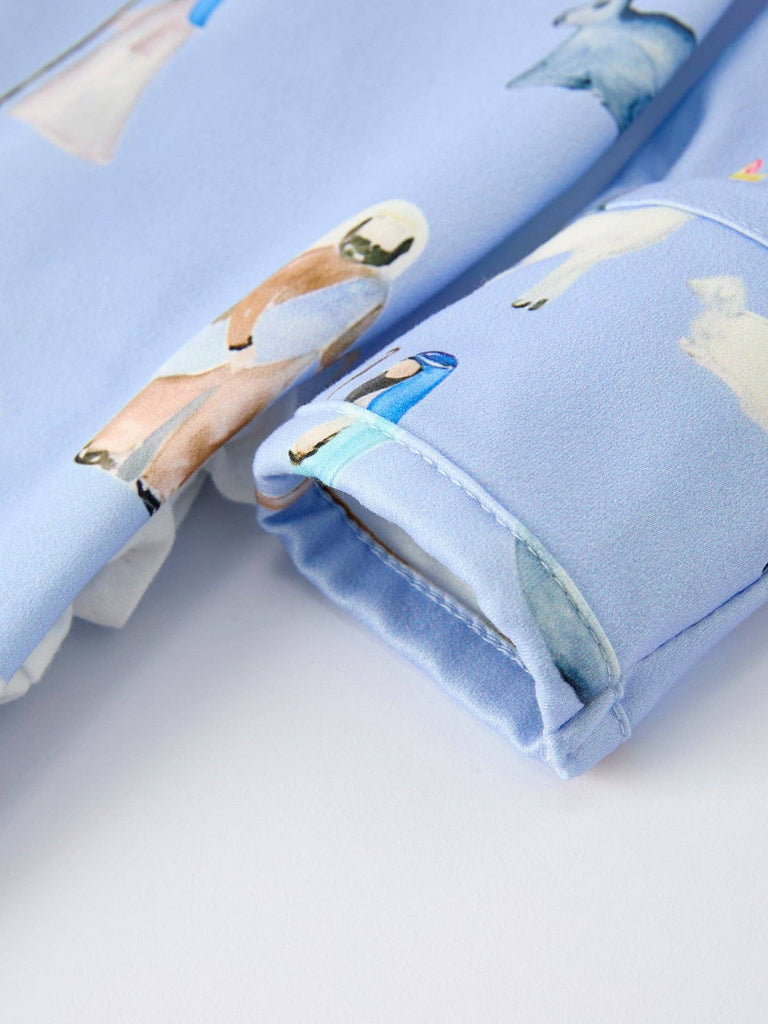 Blue Christmas Nativity Pattern Baby Girls Romper with Ruffles - The Edit LLC