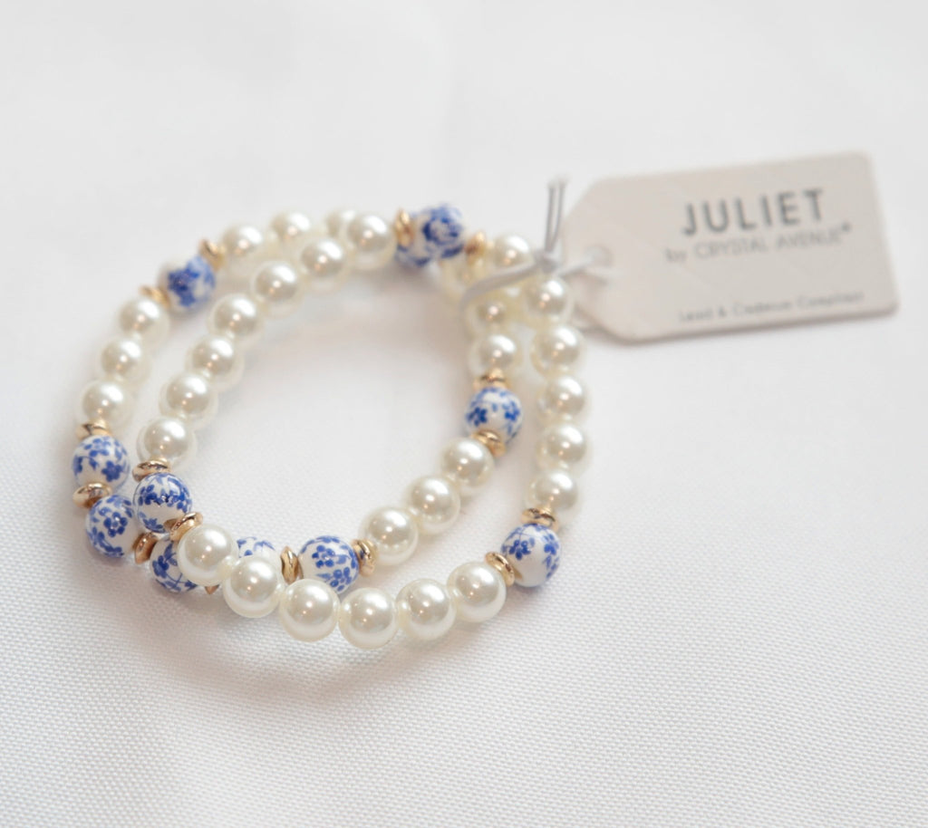 Blue Floral Bead Pearl Bracelet Set - The Edit LLC
