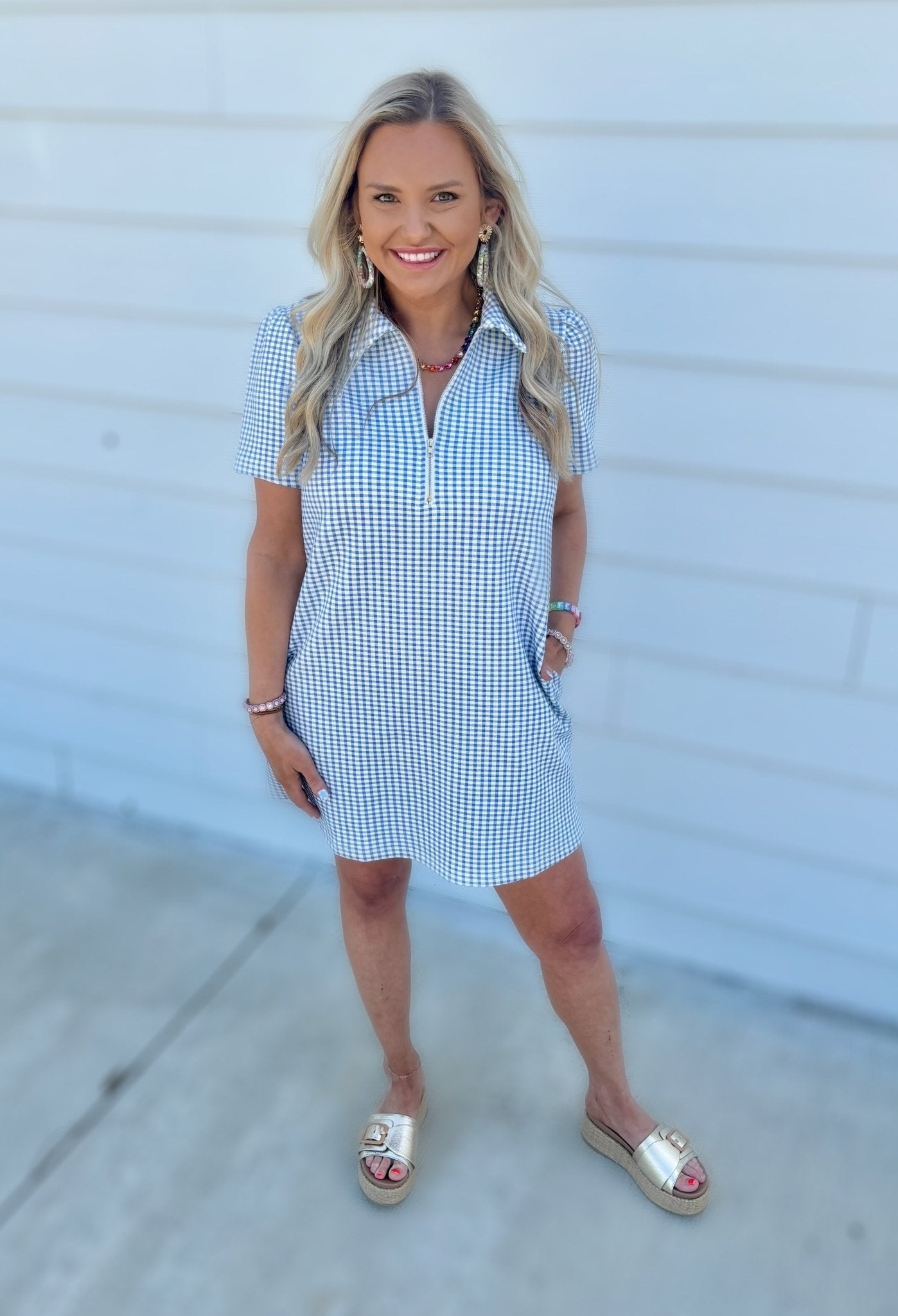 Blue Gingham Puff Sleeve Mini Dress