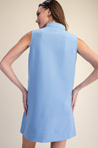 Blue Mini Dress Stand Collar Slit V-Neck Sleeveless - The Edit LLC