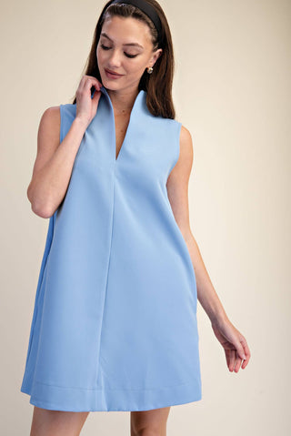 Blue Mini Dress Stand Collar Slit V-Neck Sleeveless - The Edit LLC