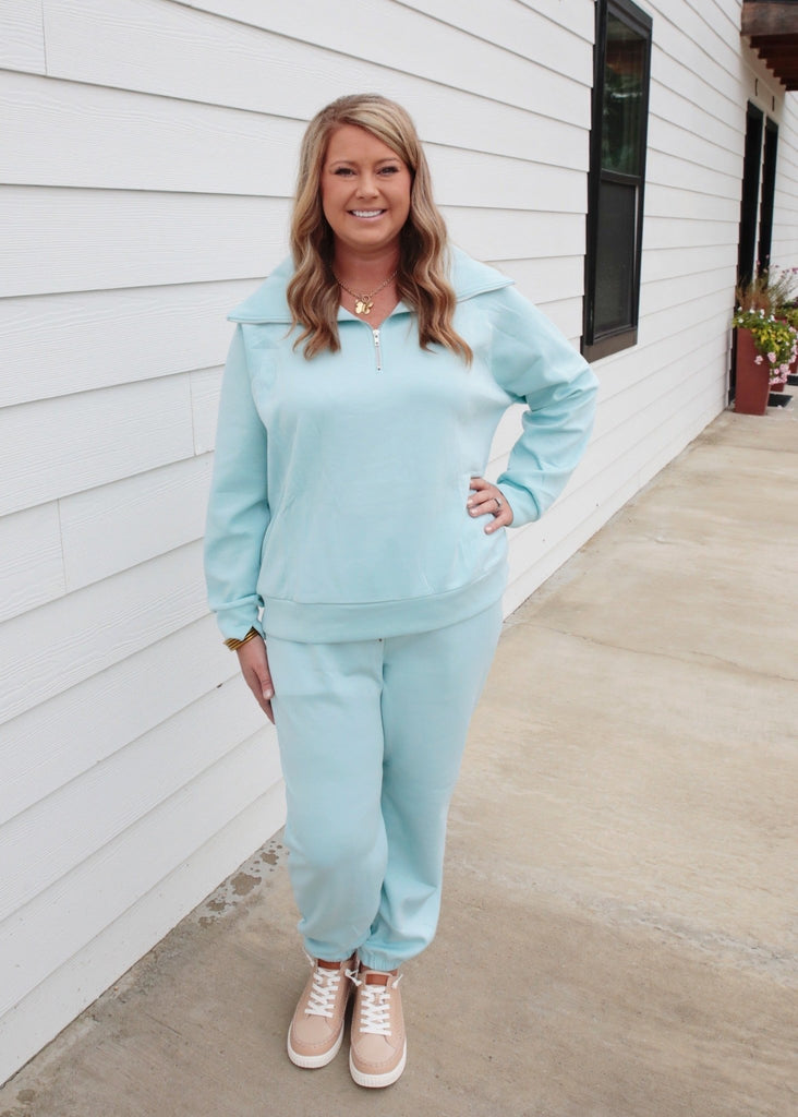Blue PLUS SIZE Quarter Zip Pullover + Jogger Modal Travel Set - The Edit LLC