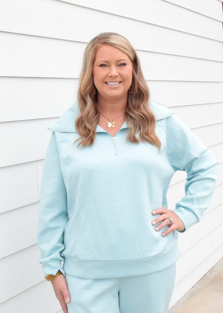 Blue PLUS SIZE Quarter Zip Pullover + Jogger Modal Travel Set - The Edit LLC