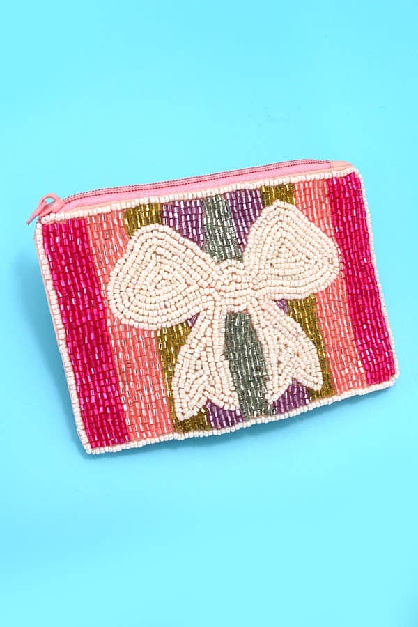 BOW RIBBON RAINBOW WHITE SEED BEAD HOLIDAY POUCH | 91P780: RAINBOW - The Edit LLC