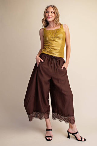 Brown Cropped Lace Trim Balloon Pants - The Edit LLC