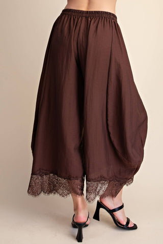 Brown Cropped Lace Trim Balloon Pants - The Edit LLC
