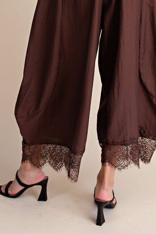 Brown Cropped Lace Trim Balloon Pants - The Edit LLC