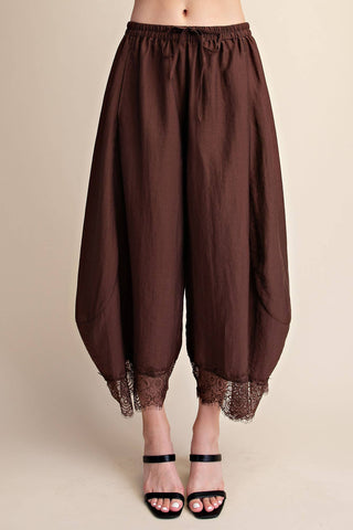 Brown Cropped Lace Trim Balloon Pants - The Edit LLC