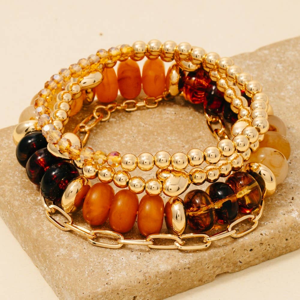 Brown Marble Resin And Metallic Hearts Beads Chains Bracelet Stack - The Edit LLC