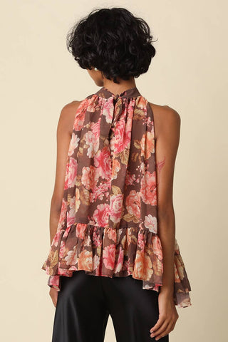 Brown/Pink Victoria Floral Ruffle Halter Top - The Edit LLC