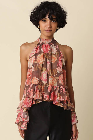 Brown/Pink Victoria Floral Ruffle Halter Top - The Edit LLC