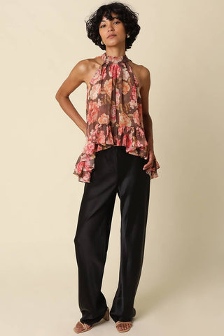 Brown/Pink Victoria Floral Ruffle Halter Top - The Edit LLC