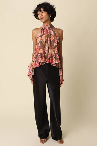 Brown/Pink Victoria Floral Ruffle Halter Top - The Edit LLC