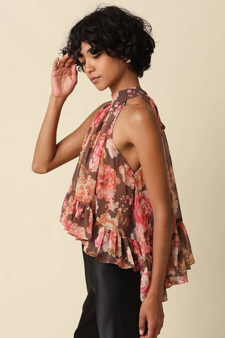Brown/Pink Victoria Floral Ruffle Halter Top - The Edit LLC