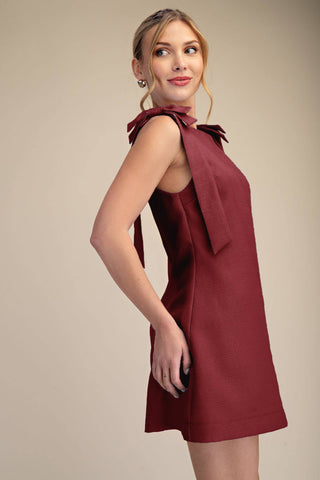 Burgundy Bow Sleeveless Textured Mini Dress - The Edit LLC