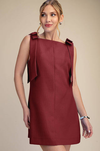 Burgundy Bow Sleeveless Textured Mini Dress - The Edit LLC