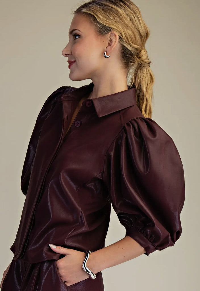 Burgundy Collar Neck Puff Sleeve Shirt - The Edit LLC