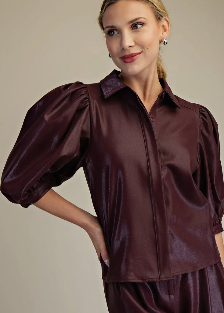 Burgundy Collar Neck Puff Sleeve Shirt - The Edit LLC