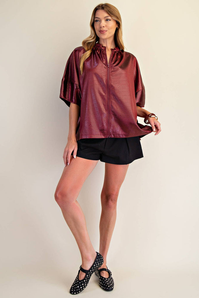 Burgundy Front Zipper Sleeveless Top: - The Edit LLC