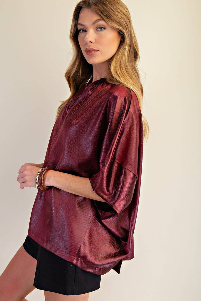 Burgundy Front Zipper Sleeveless Top: - The Edit LLC
