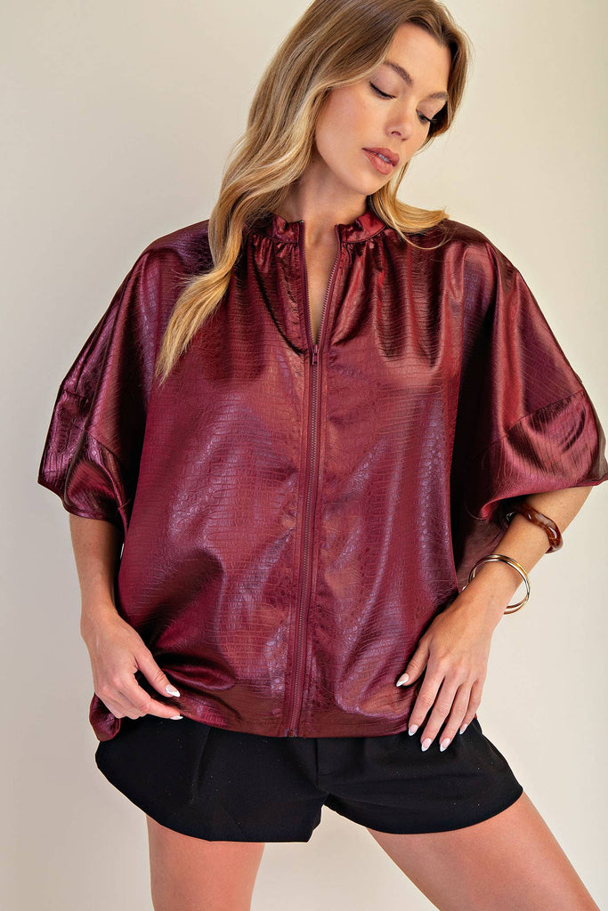 Burgundy Front Zipper Sleeveless Top: - The Edit LLC