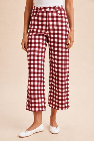 Burgundy Gingham Wide Leg Crop Denim - The Edit LLC