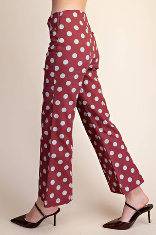 Burgundy High Waist Polka Dot Stretch Flare Crop Pants - The Edit LLC