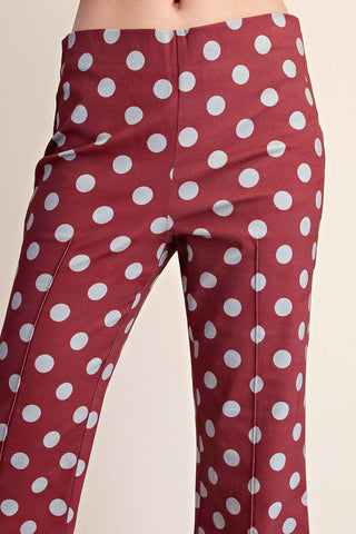 Burgundy High Waist Polka Dot Stretch Flare Crop Pants - The Edit LLC