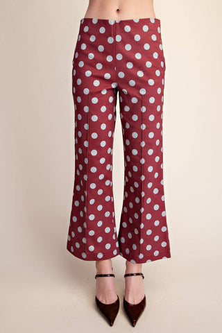 Burgundy High Waist Polka Dot Stretch Flare Crop Pants - The Edit LLC