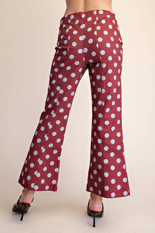 Burgundy High Waist Polka Dot Stretch Flare Crop Pants - The Edit LLC