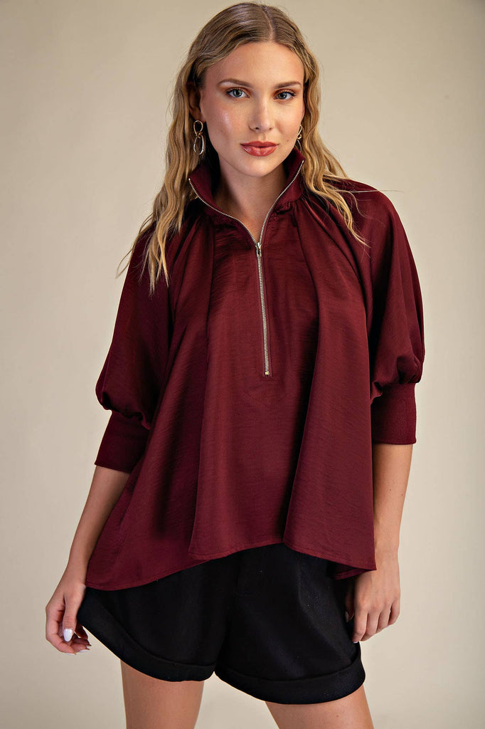 Burgundy Mock Neck Band Puff Sleeve Blouse - The Edit LLC