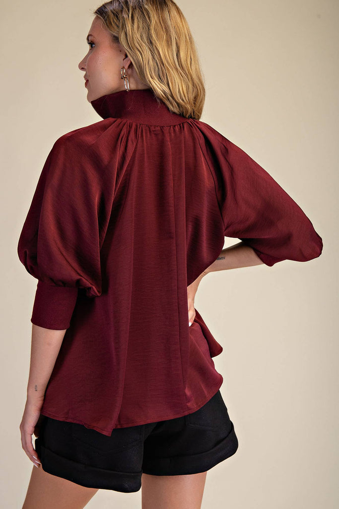 Burgundy Mock Neck Band Puff Sleeve Blouse - The Edit LLC