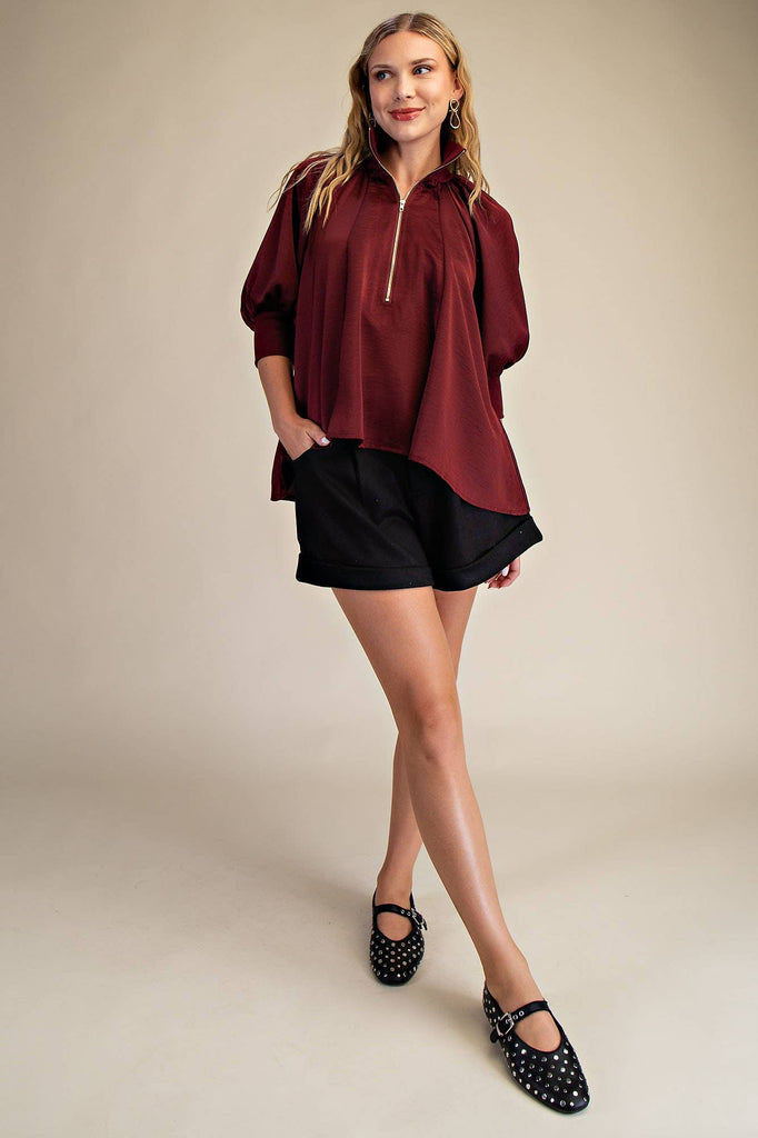 Burgundy Mock Neck Band Puff Sleeve Blouse - The Edit LLC