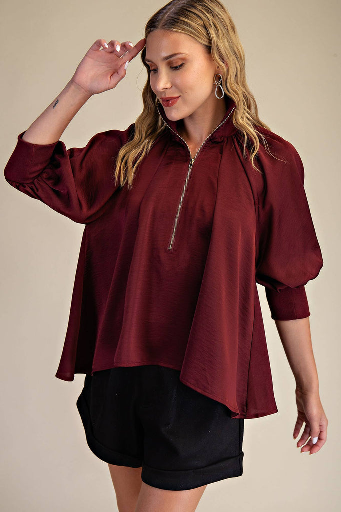Burgundy Mock Neck Band Puff Sleeve Blouse - The Edit LLC