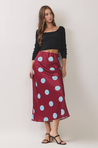 Burgundy Polka Dot Elasticized Waistband Midi Skirt - The Edit LLC