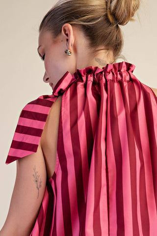 Burgundy Ruffle Neck Tie Sleeveless Stripe Top - The Edit LLC