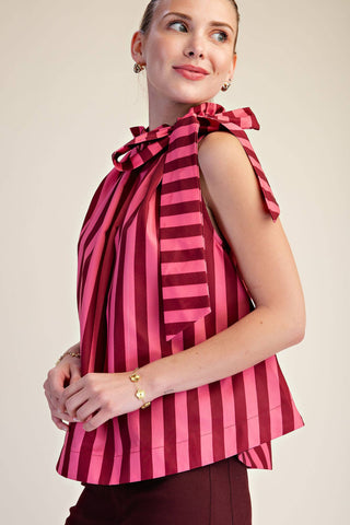 Burgundy Ruffle Neck Tie Sleeveless Stripe Top - The Edit LLC