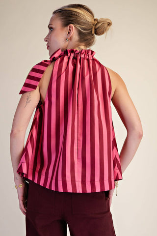 Burgundy Ruffle Neck Tie Sleeveless Stripe Top - The Edit LLC